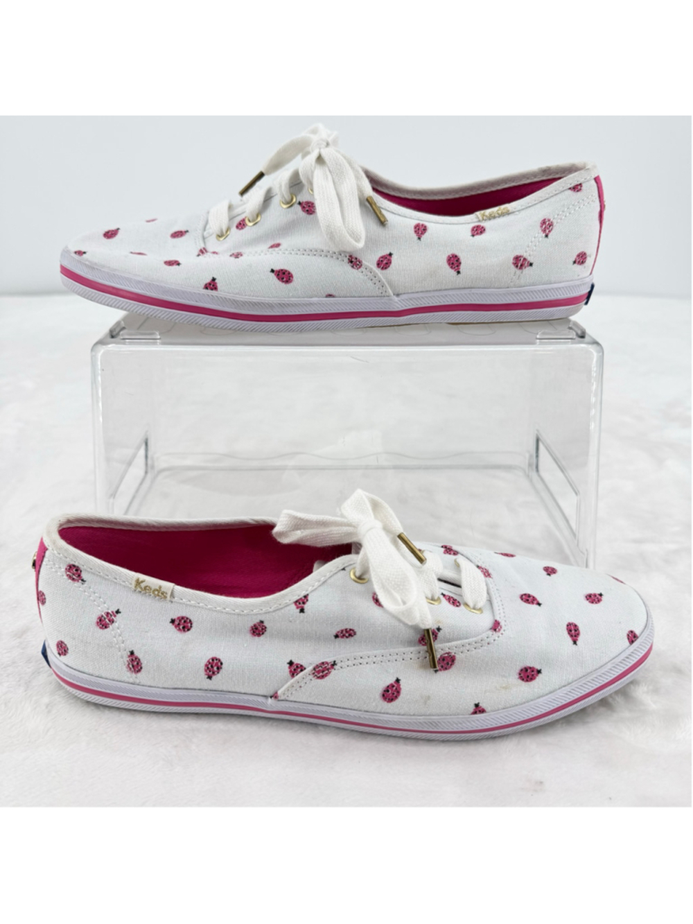 Kate Spade X Keds Ladybug Sneakers White Pink Gold Whimsical Bug Bling Size 8